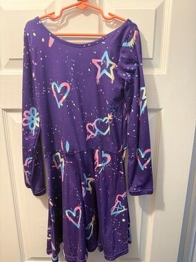 Girls' Purple Star & Heart Print Long Sleeve Casual Dress